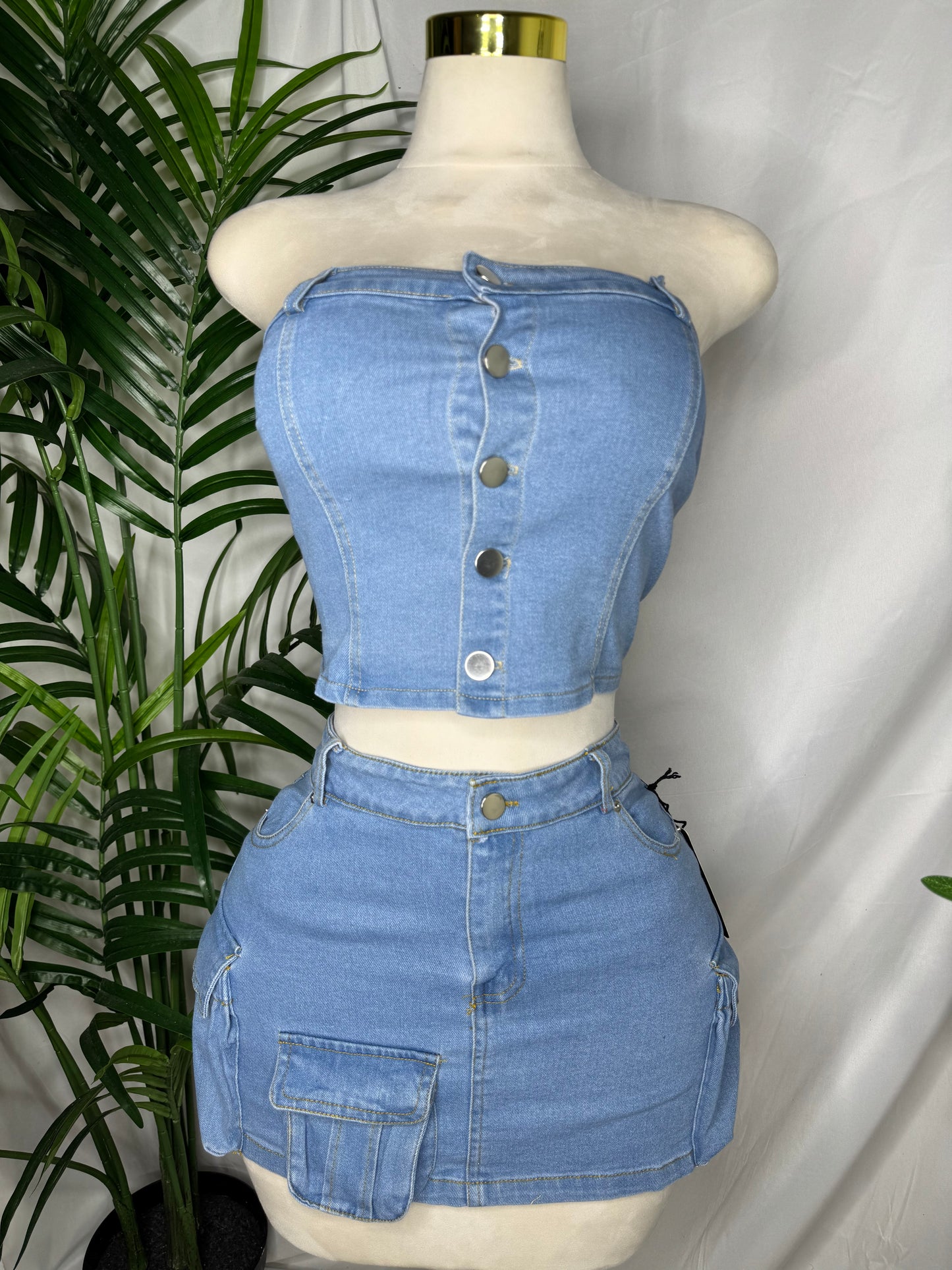 Denim Cargo Skirt Set