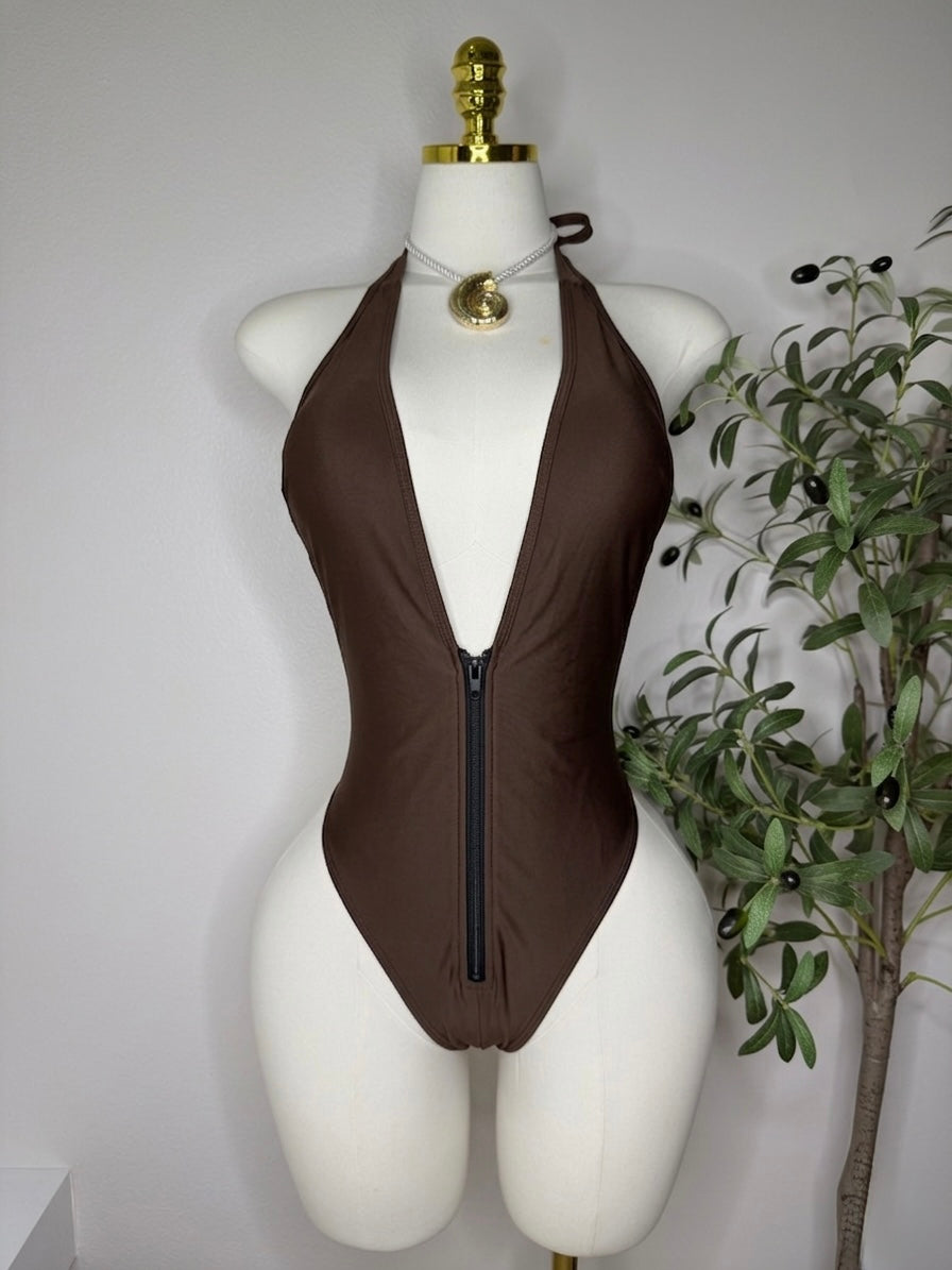 Brown Zipper Swimwear