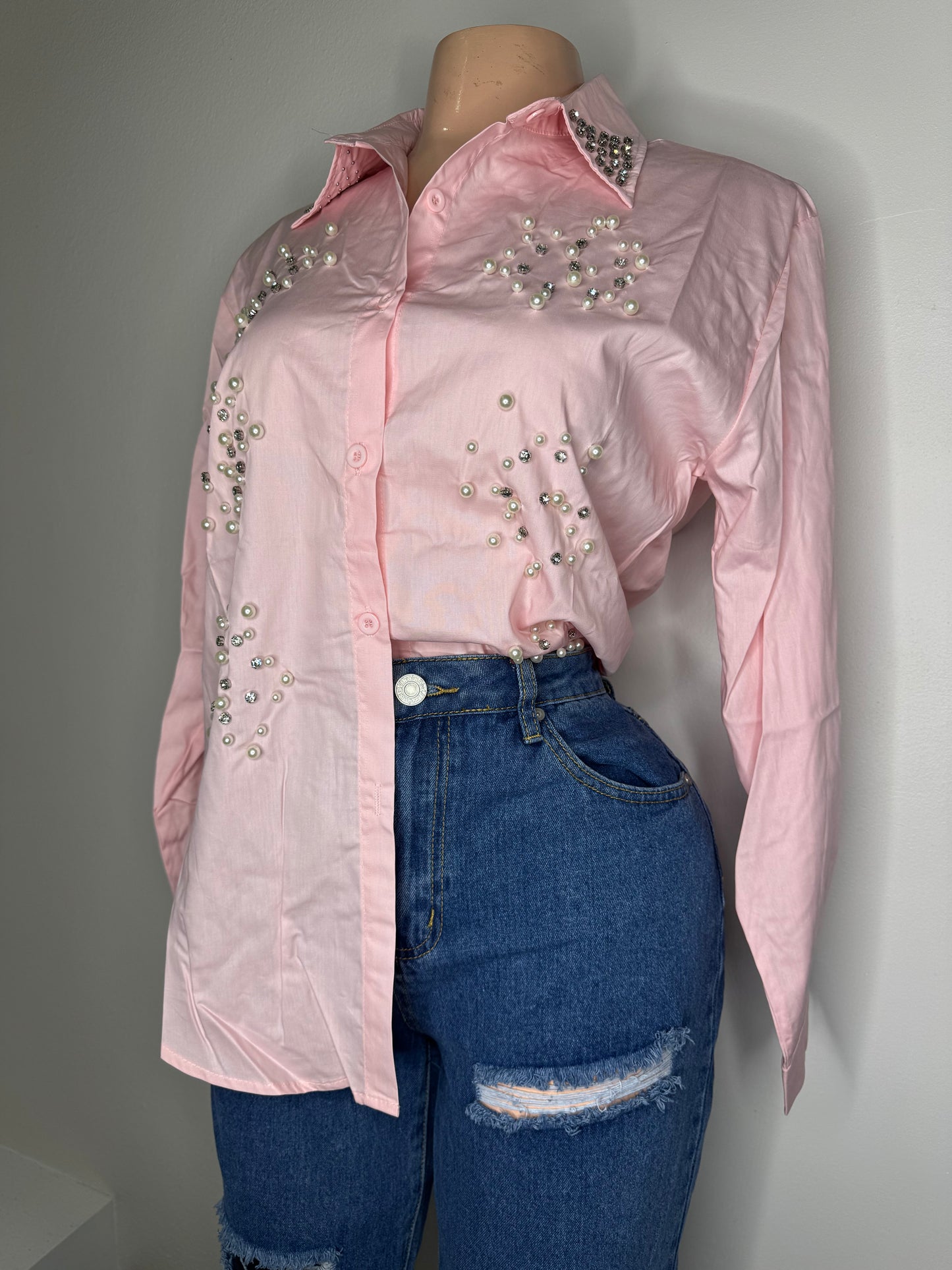 Blusa Fina con Piedras en Rosa Claro