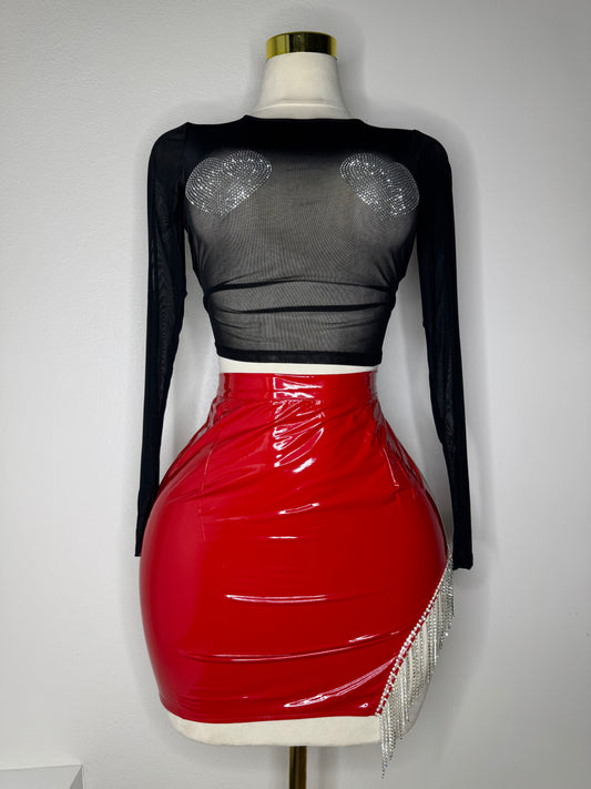 Leather Rhinestones Skirt in Red