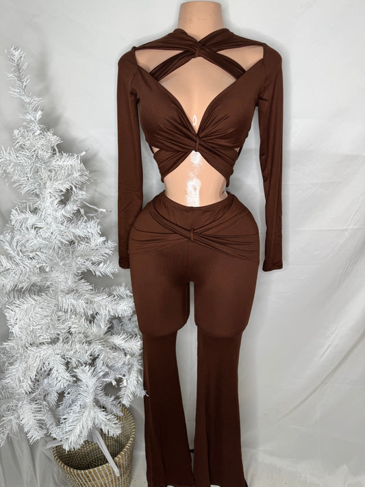 Cutout Flare Pants Set in Brown