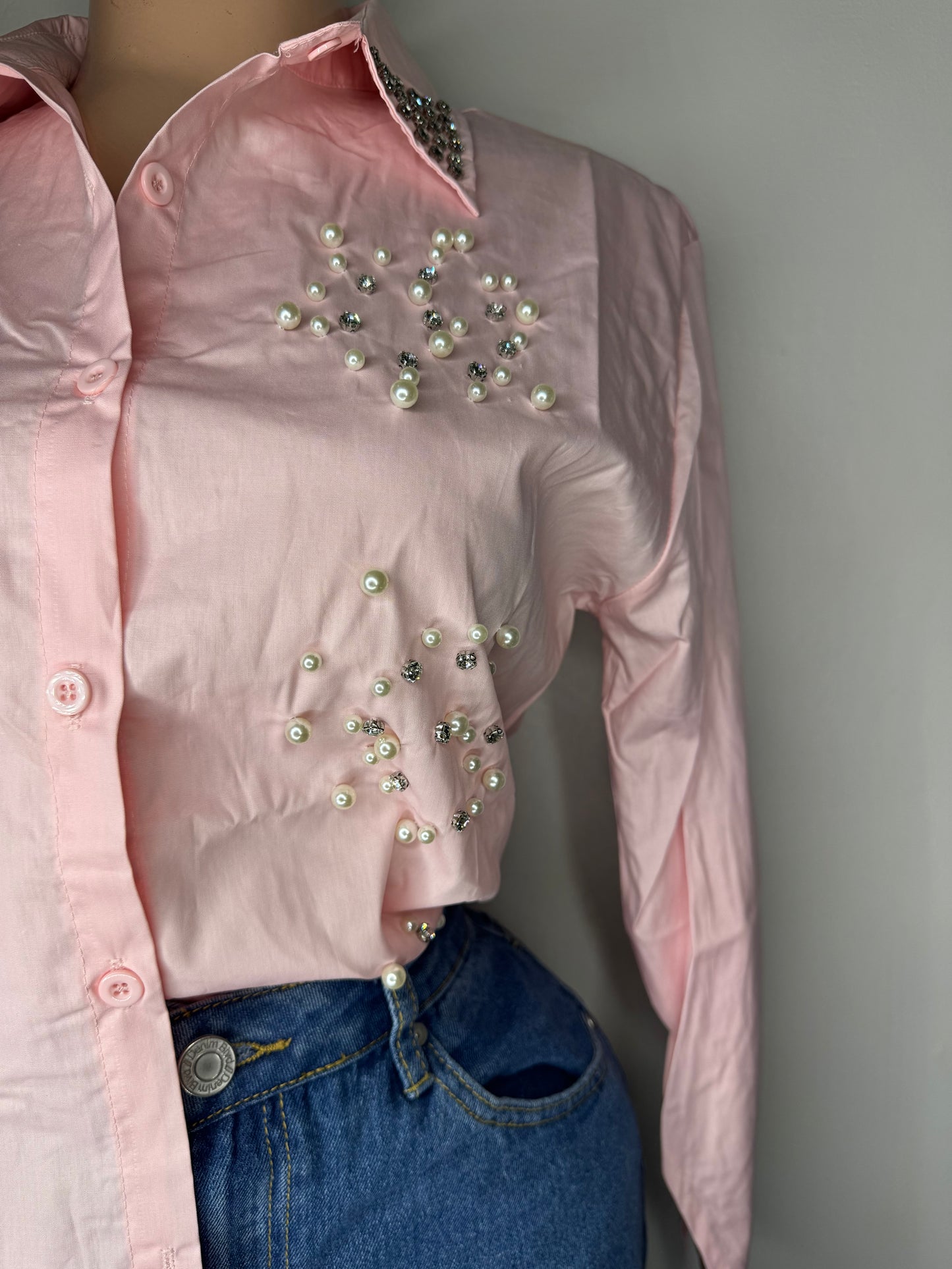 Blusa Fina con Piedras en Rosa Claro