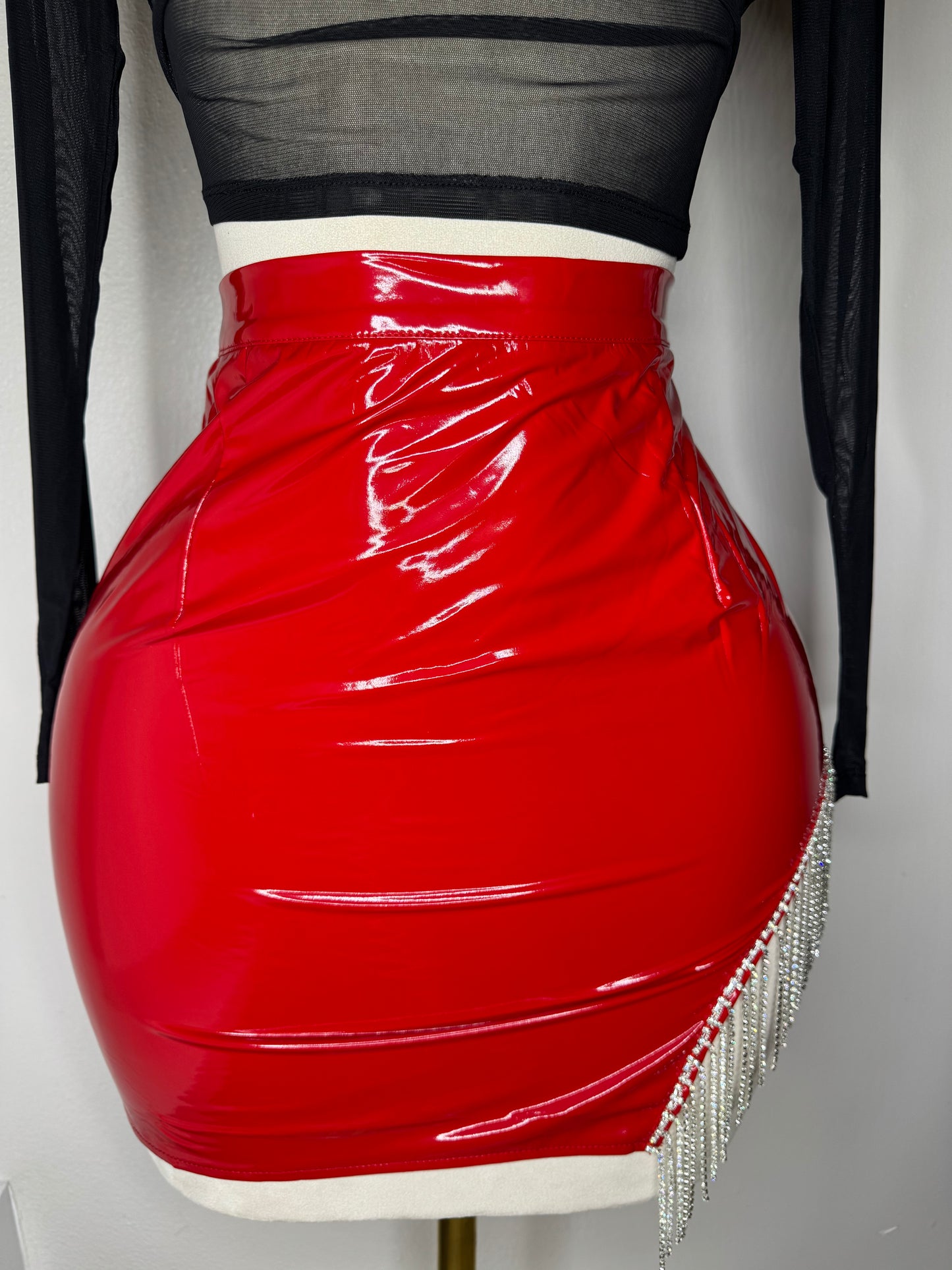 Leather Rhinestones Skirt in Red