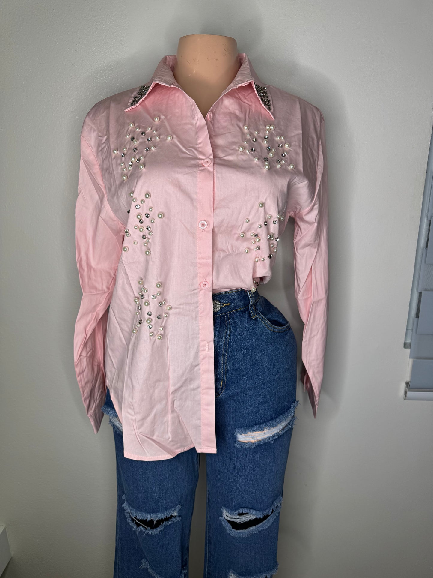 Blusa Fina con Piedras en Rosa Claro