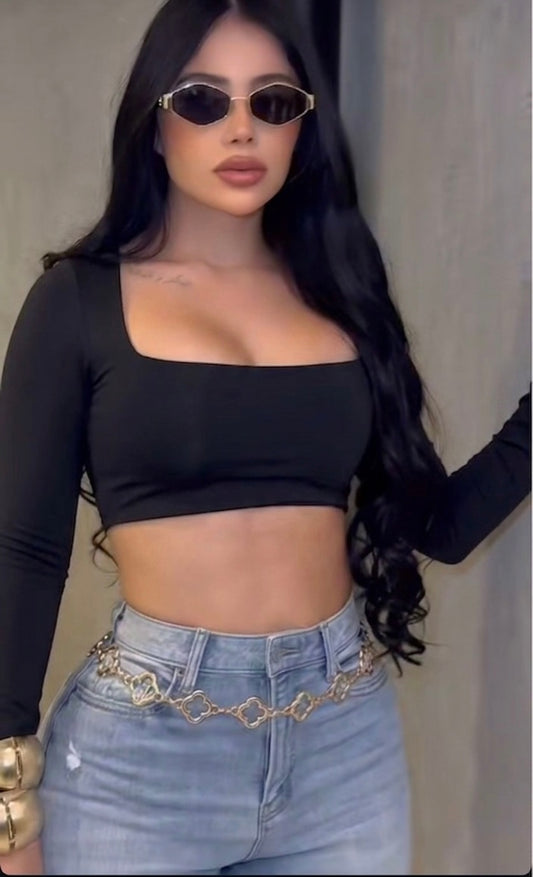 Top Manga Larga Doble Tela en Negra