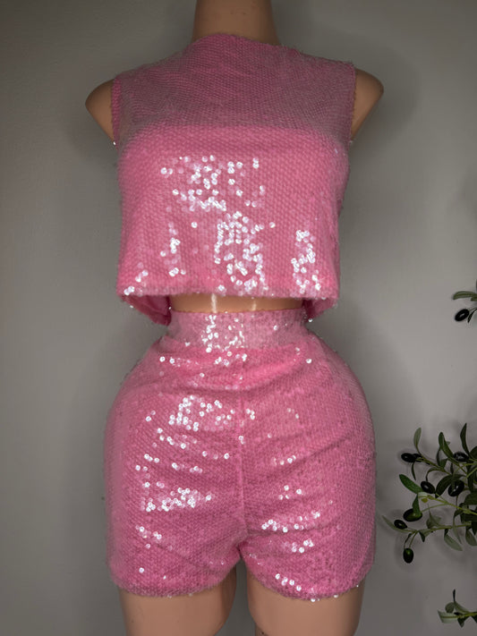 Pink Sequined Short Set