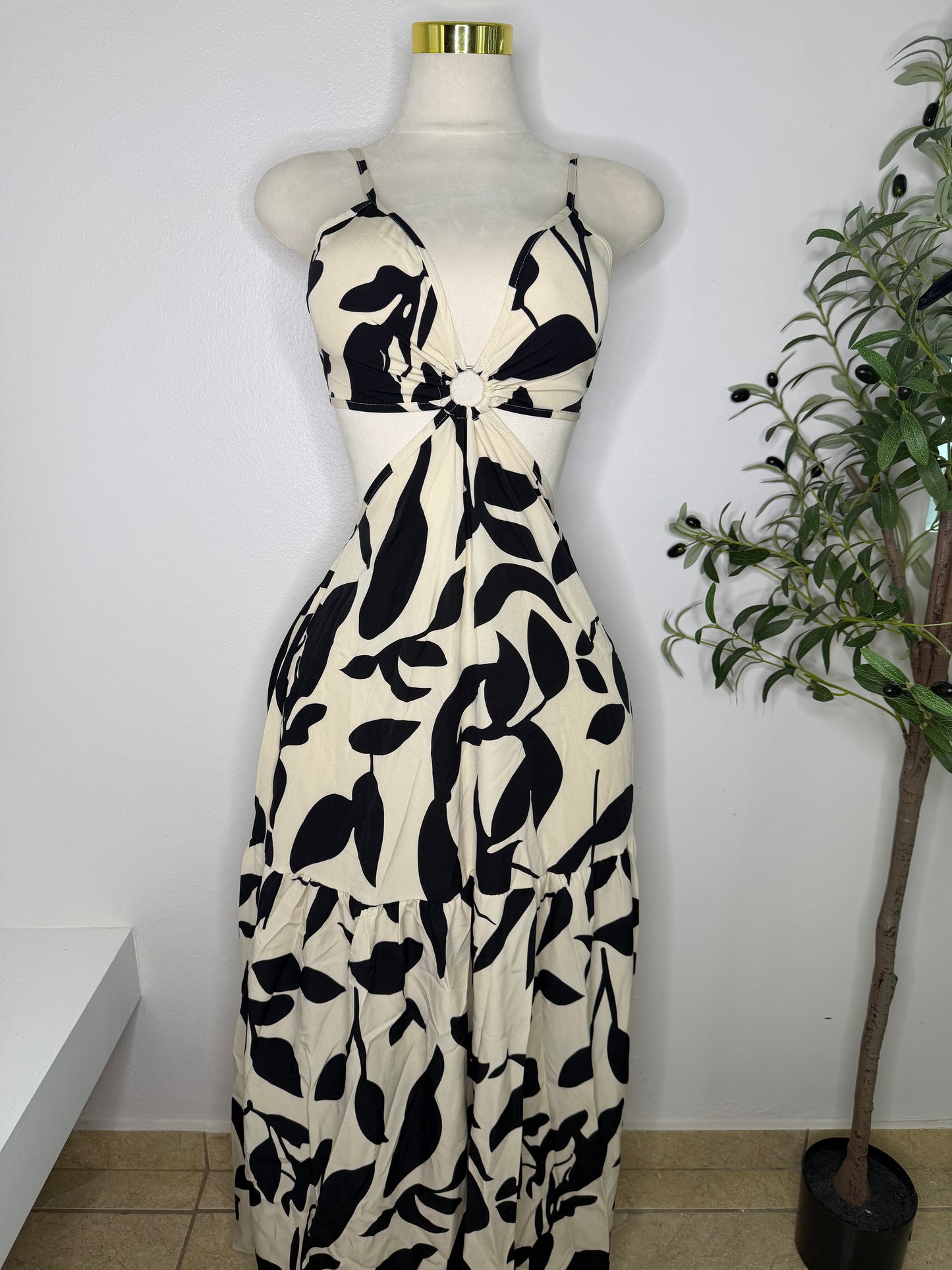 Cream and Black Leaves Maxi Dress