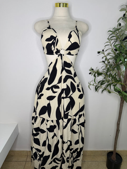 Cream and Black Leaves Maxi Dress