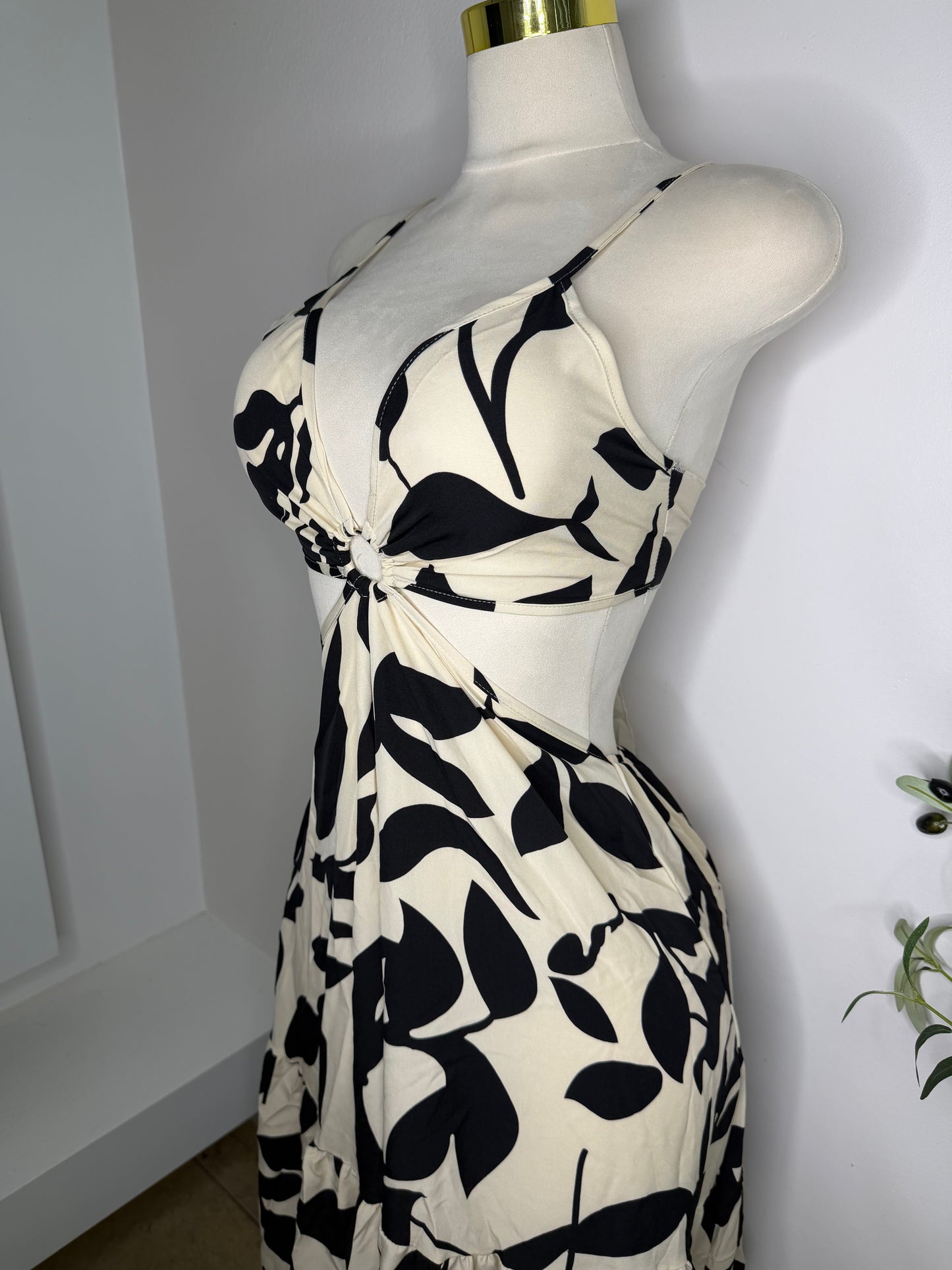 Cream and Black Leaves Maxi Dress