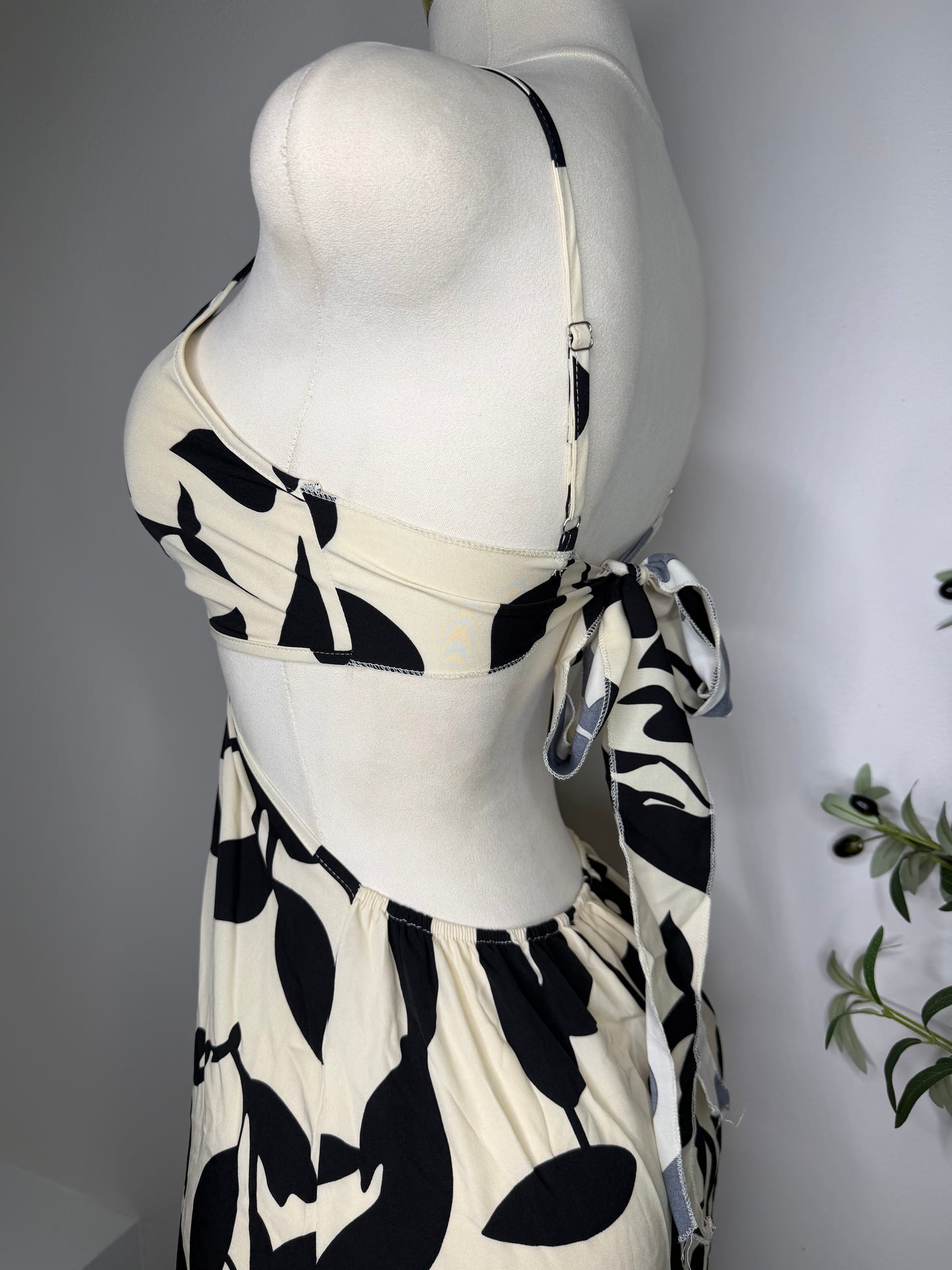 Cream and Black Leaves Maxi Dress