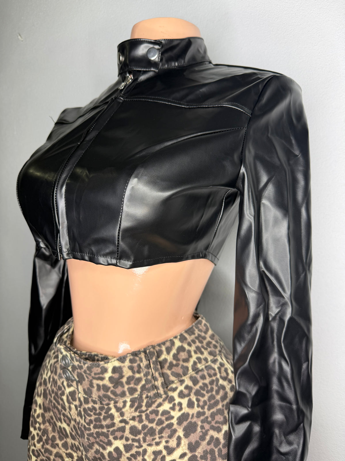 Crop Faux Leather Jacket in Black